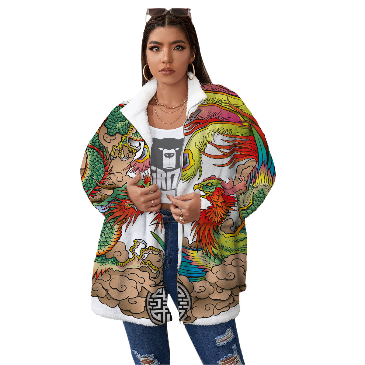 Phoenix And Dragon Japanese Tattoo Print Women's Sherpa Jacket-grizzshop