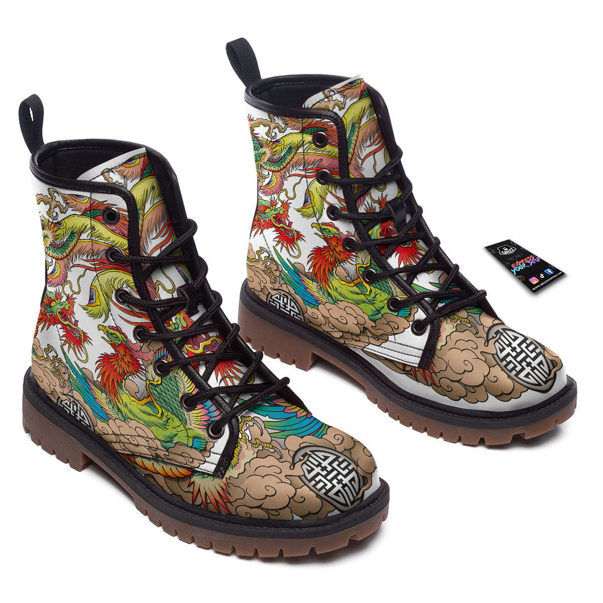 Phoenix And Dragon Japanese Tattoo Print Work Boots-grizzshop