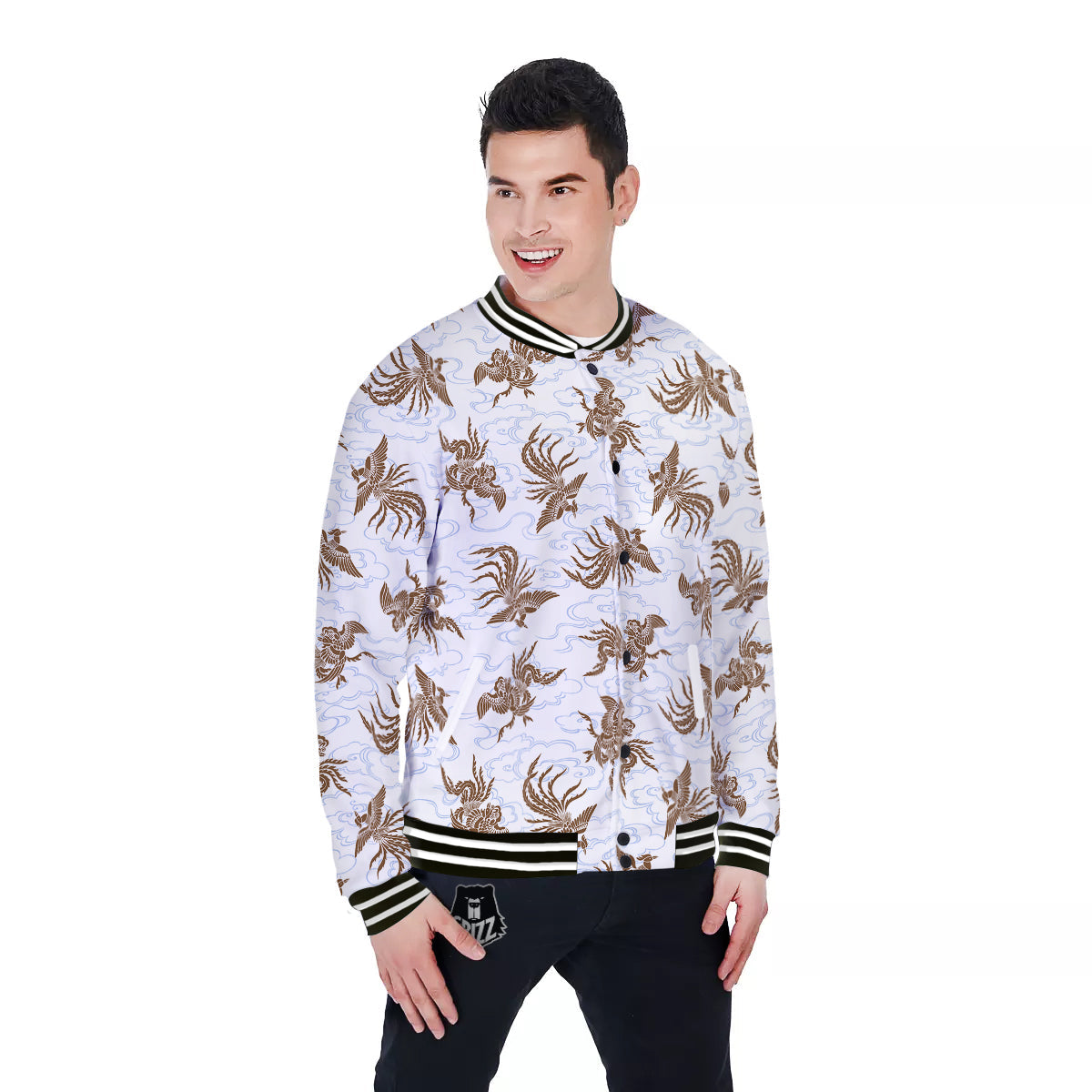 Phoenix Brown Print Pattern Baseball Jacket-grizzshop