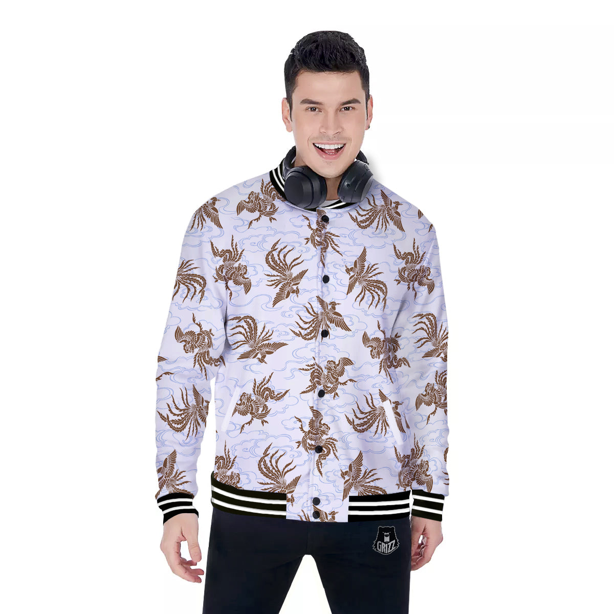 Phoenix Brown Print Pattern Baseball Jacket-grizzshop