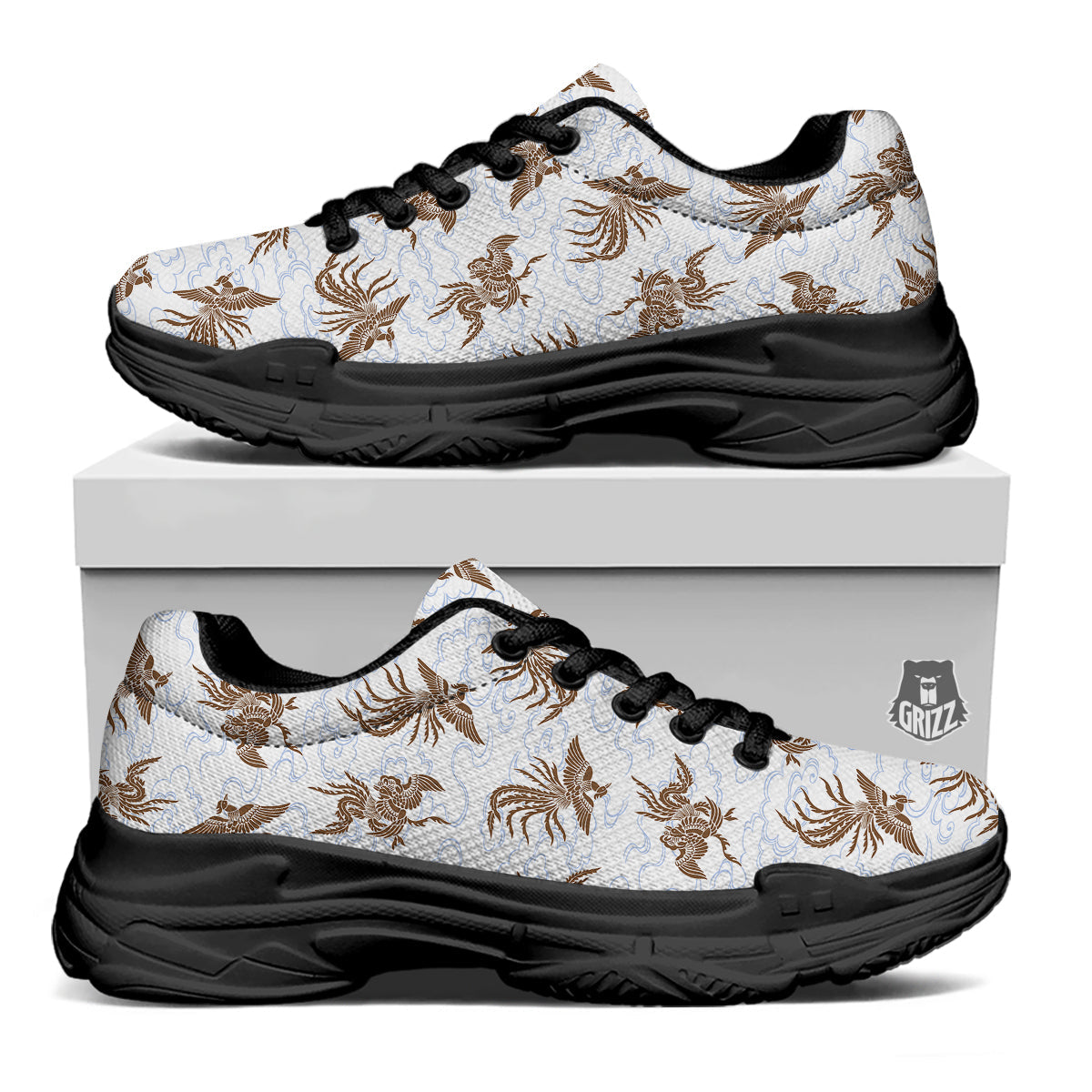 Phoenix Brown Print Pattern Black Chunky Shoes-grizzshop