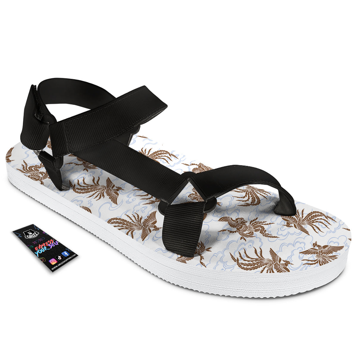 Phoenix Brown Print Pattern Black Open Toe Sandals-grizzshop