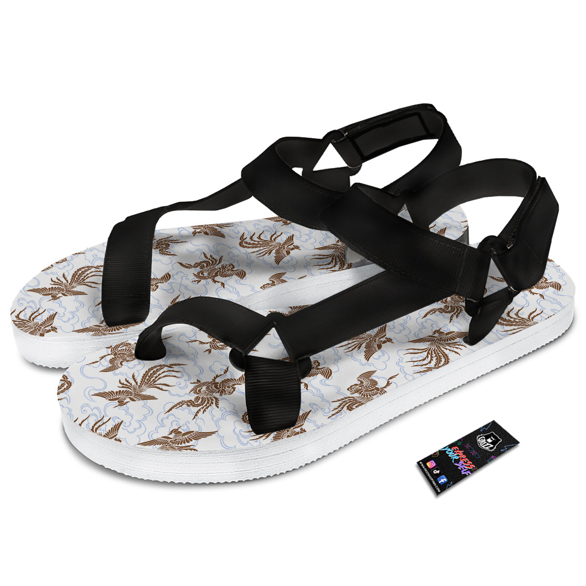 Phoenix Brown Print Pattern Black Open Toe Sandals-grizzshop