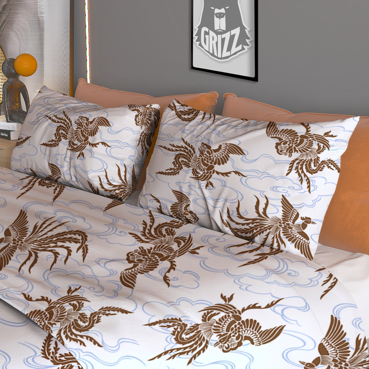 Phoenix Brown Print Pattern Duvet Cover Bedding Set