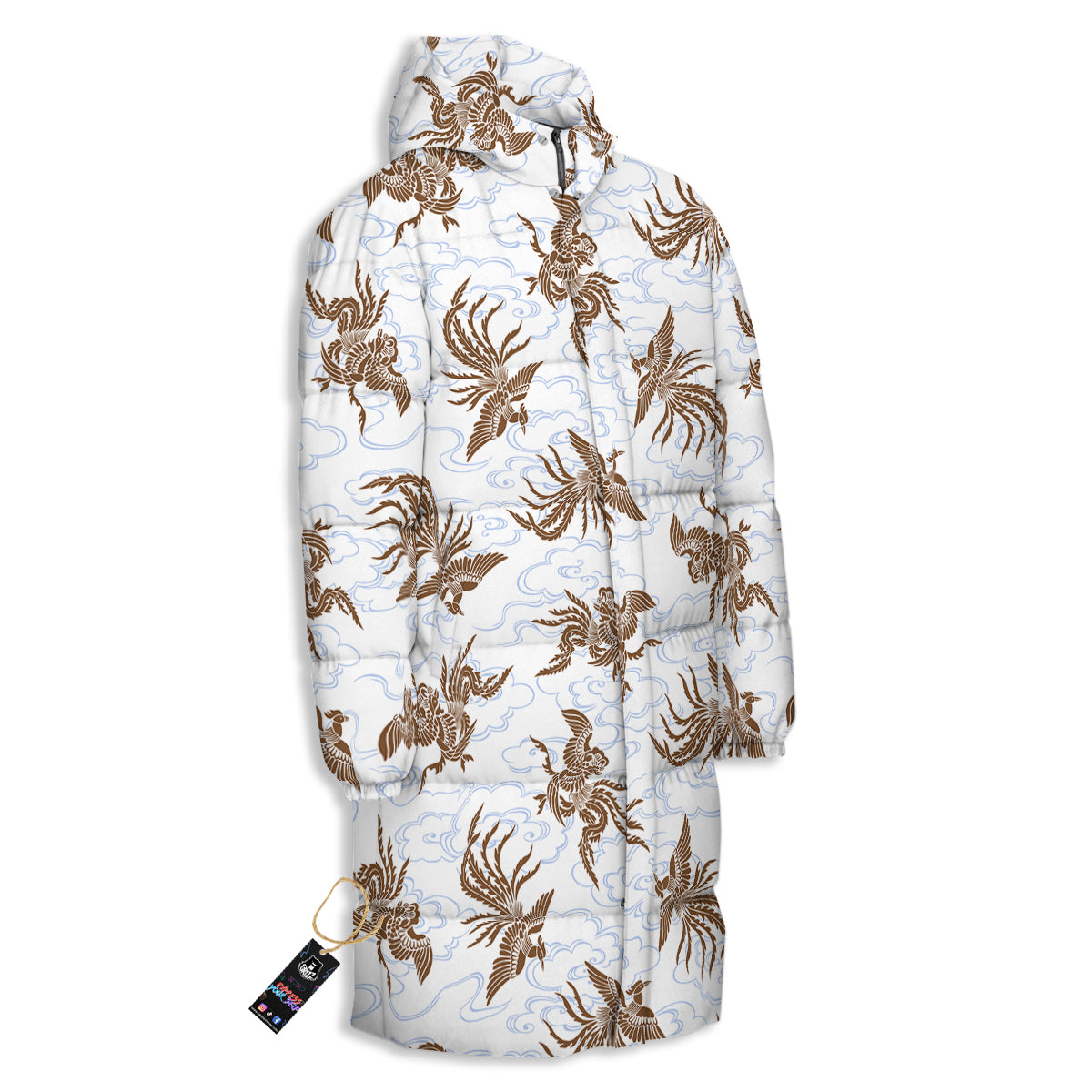 Phoenix Brown Print Pattern Long Down Jacket-grizzshop