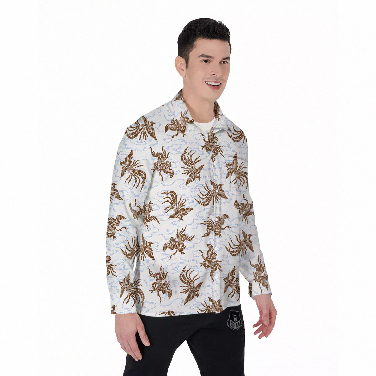 Phoenix Brown Print Pattern Men's Long Sleeve Shirts-grizzshop