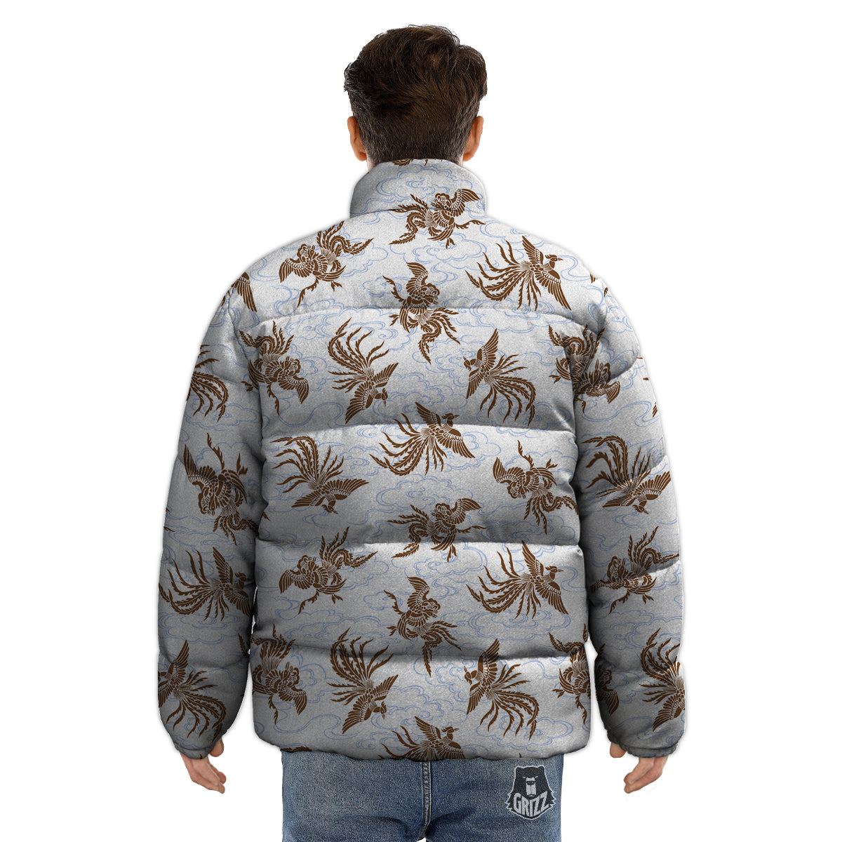 Phoenix Brown Print Pattern Puffer Jacket-grizzshop