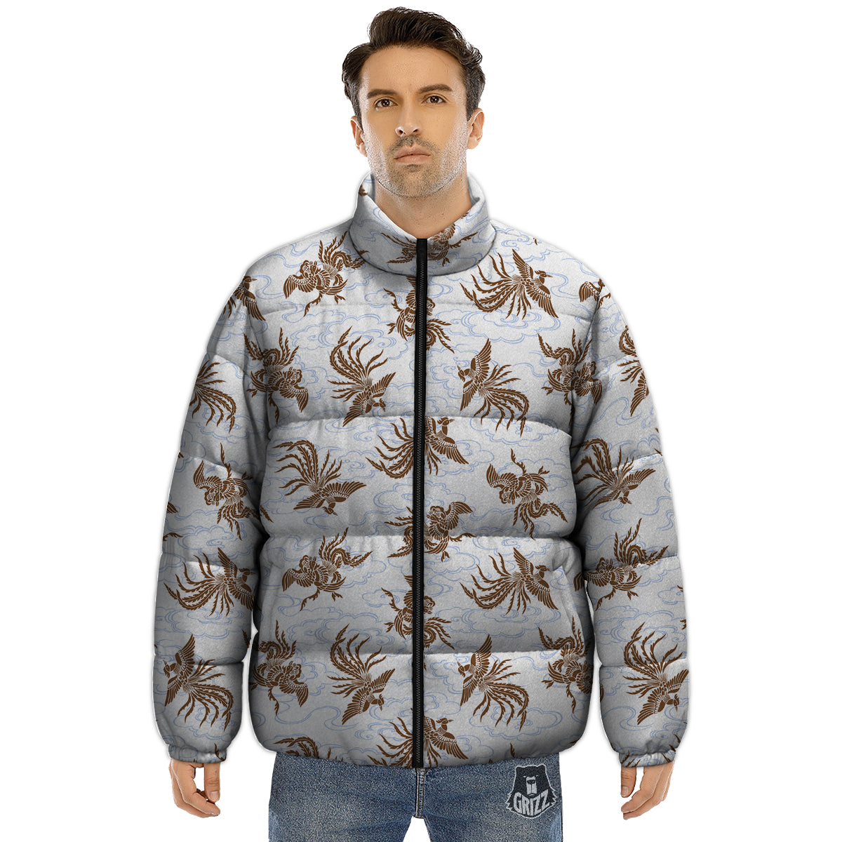 Phoenix Brown Print Pattern Puffer Jacket-grizzshop
