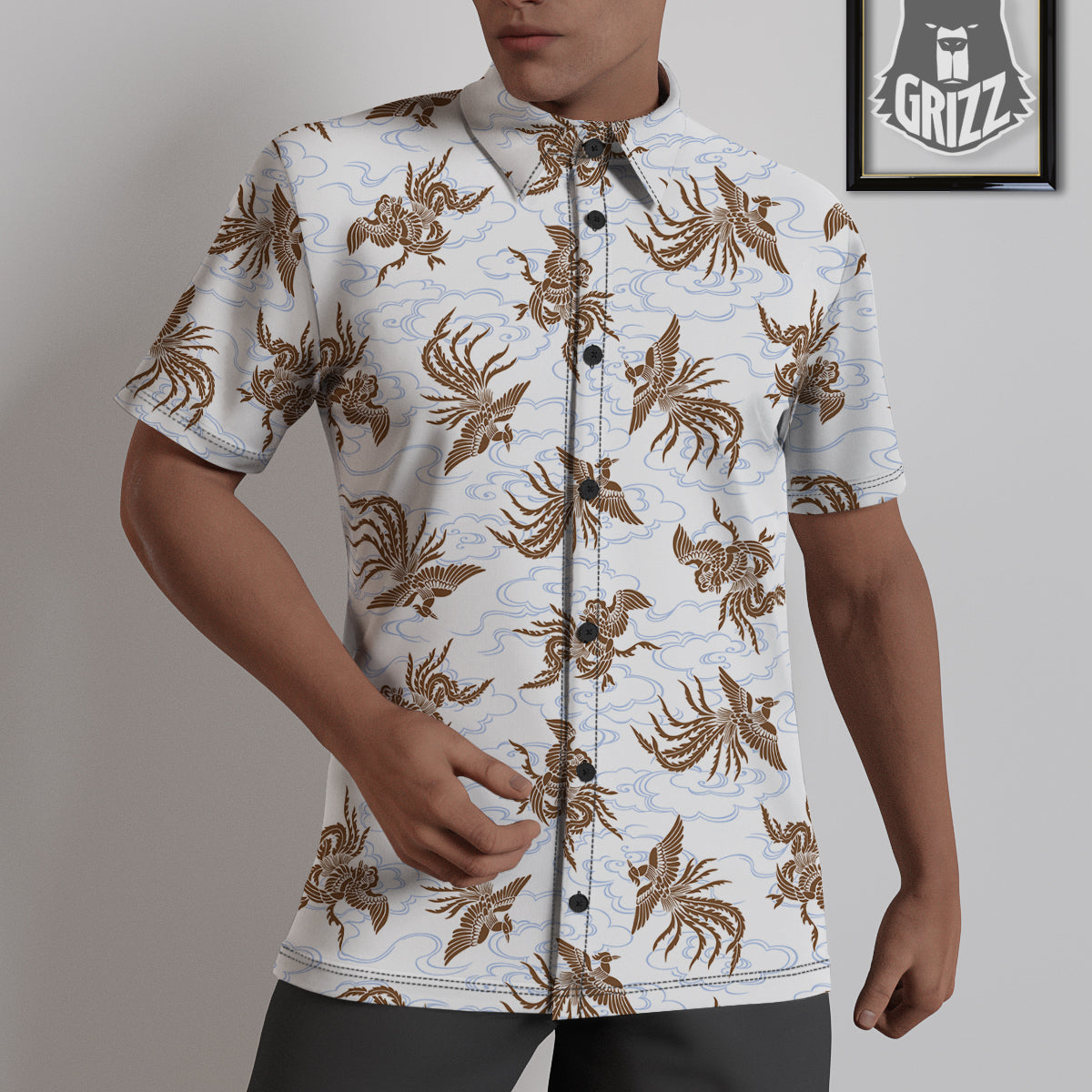 Phoenix Brown Print Pattern Untucked Shirts-grizzshop