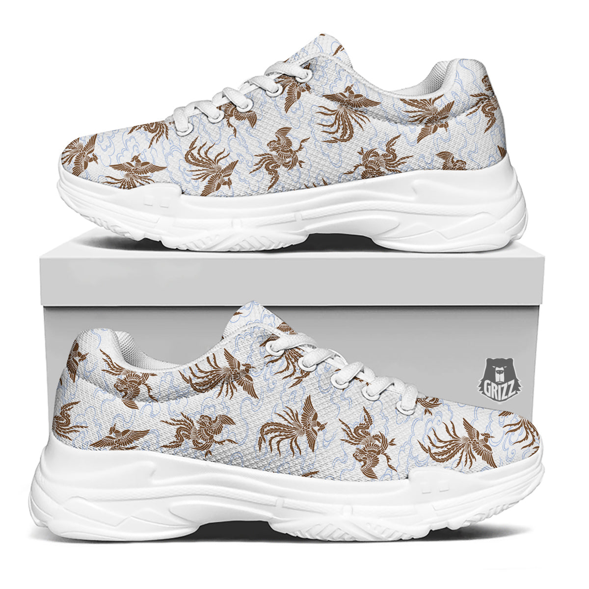 Phoenix Brown Print Pattern White Chunky Shoes-grizzshop