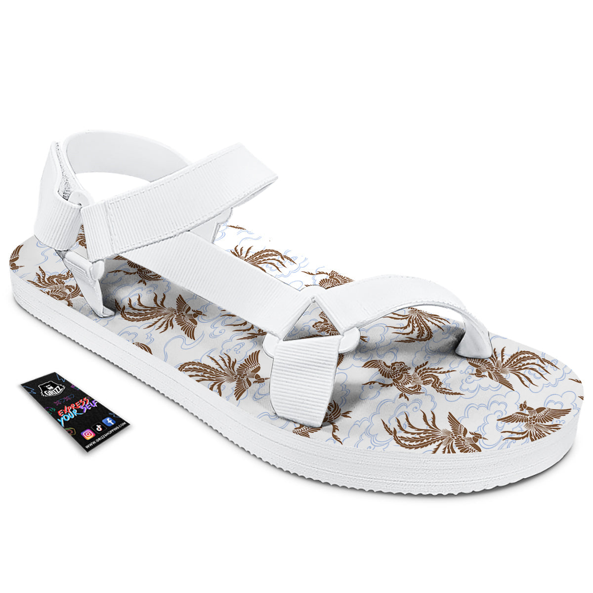 Phoenix Brown Print Pattern White Open Toe Sandals-grizzshop