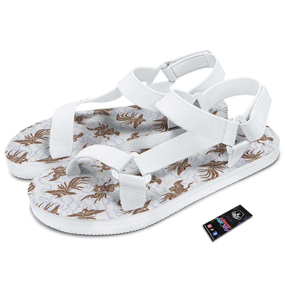 Phoenix Brown Print Pattern White Open Toe Sandals-grizzshop