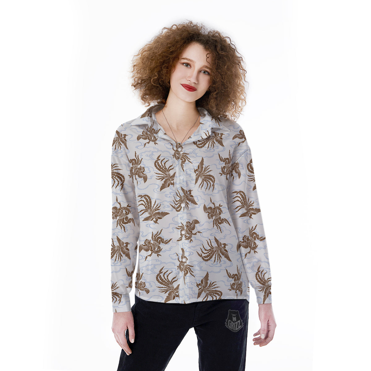 Phoenix Brown Print Pattern Women's Long Sleeve Shirts-grizzshop