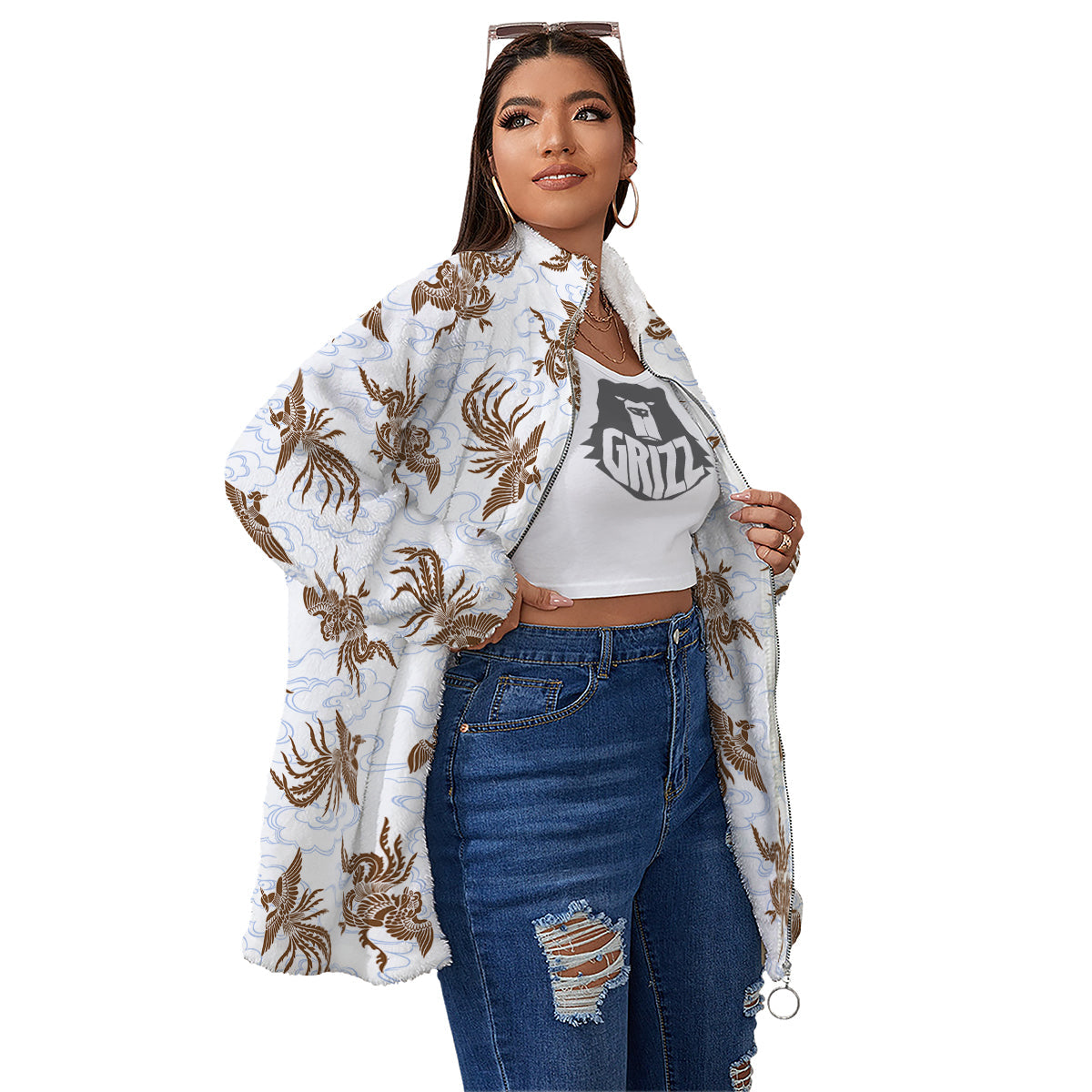 Phoenix Brown Print Pattern Women's Sherpa Jacket-grizzshop