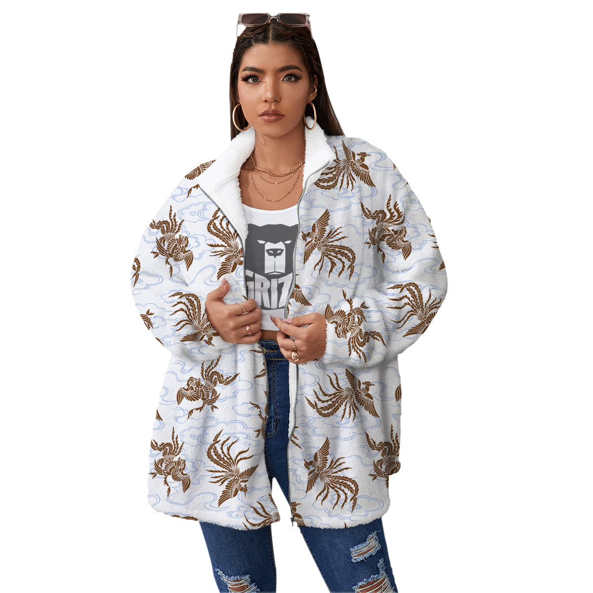 Phoenix Brown Print Pattern Women's Sherpa Jacket-grizzshop