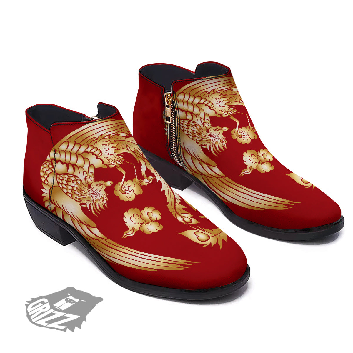 Phoenix Chinese Print Ankle Boots-grizzshop