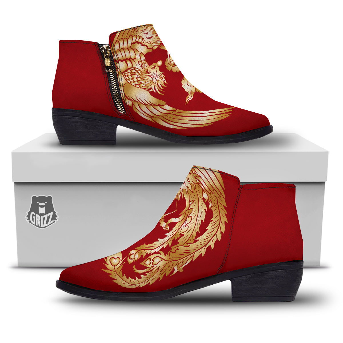 Phoenix Chinese Print Ankle Boots-grizzshop