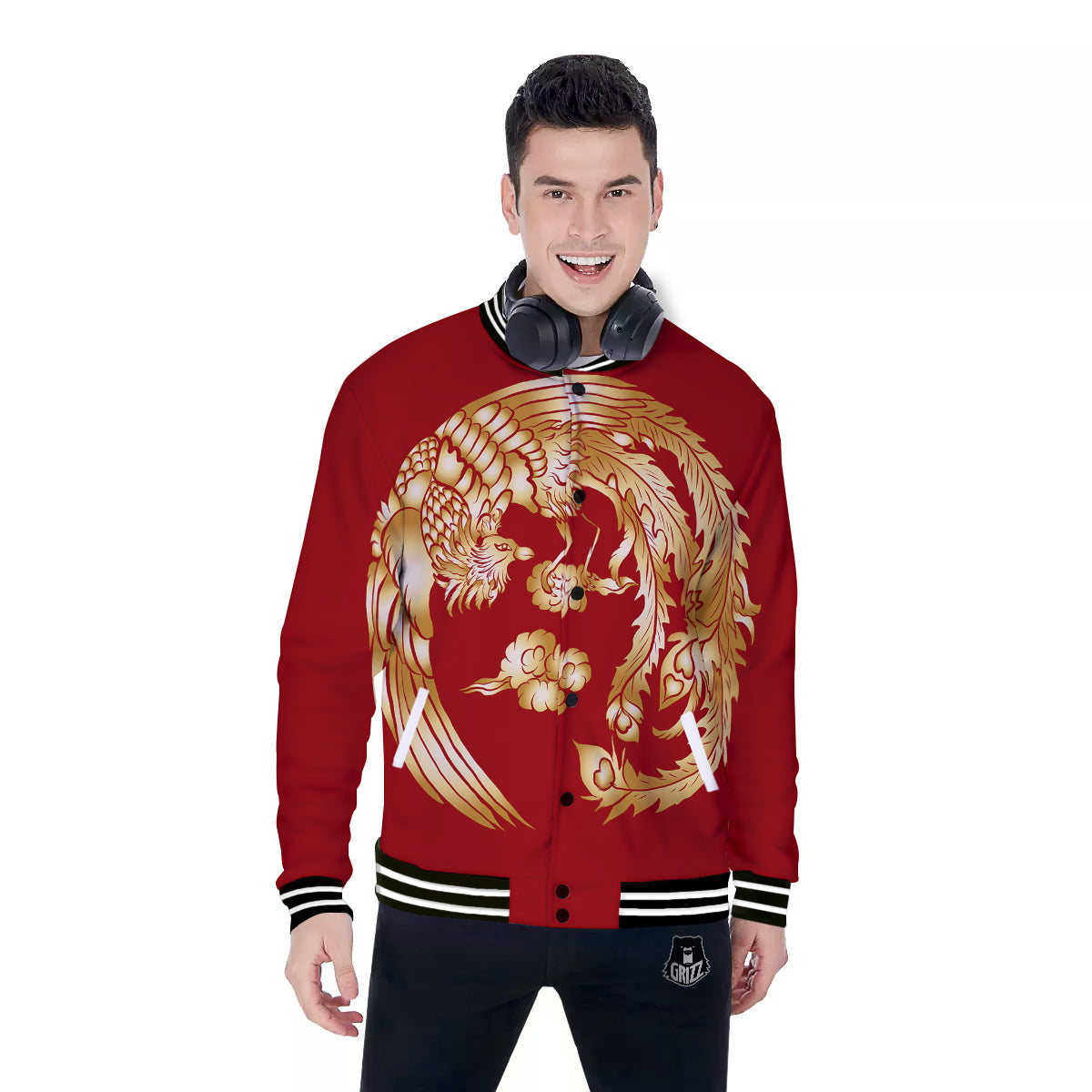 Phoenix Chinese Print Baseball Jacket-grizzshop