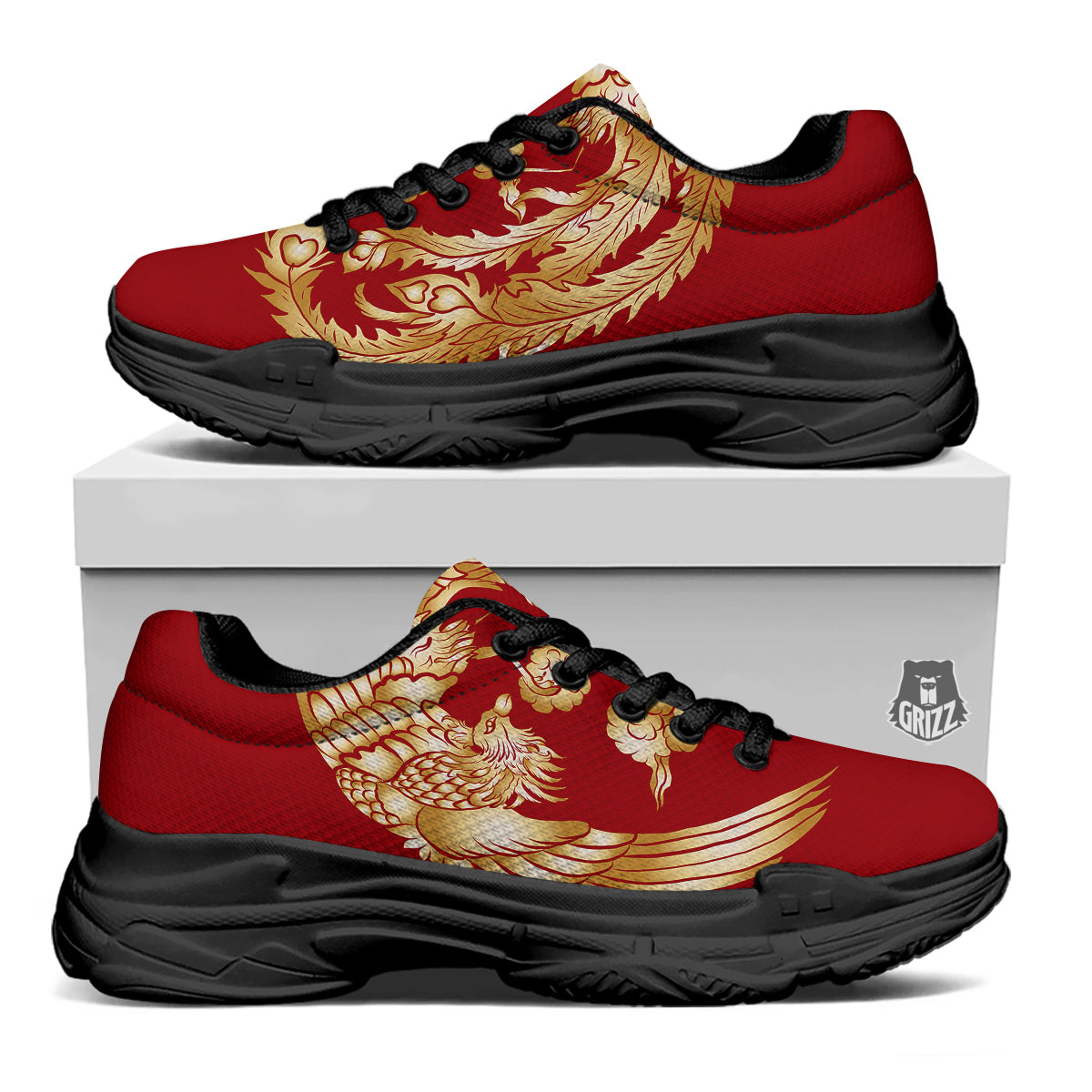 Phoenix Chinese Print Black Chunky Shoes-grizzshop
