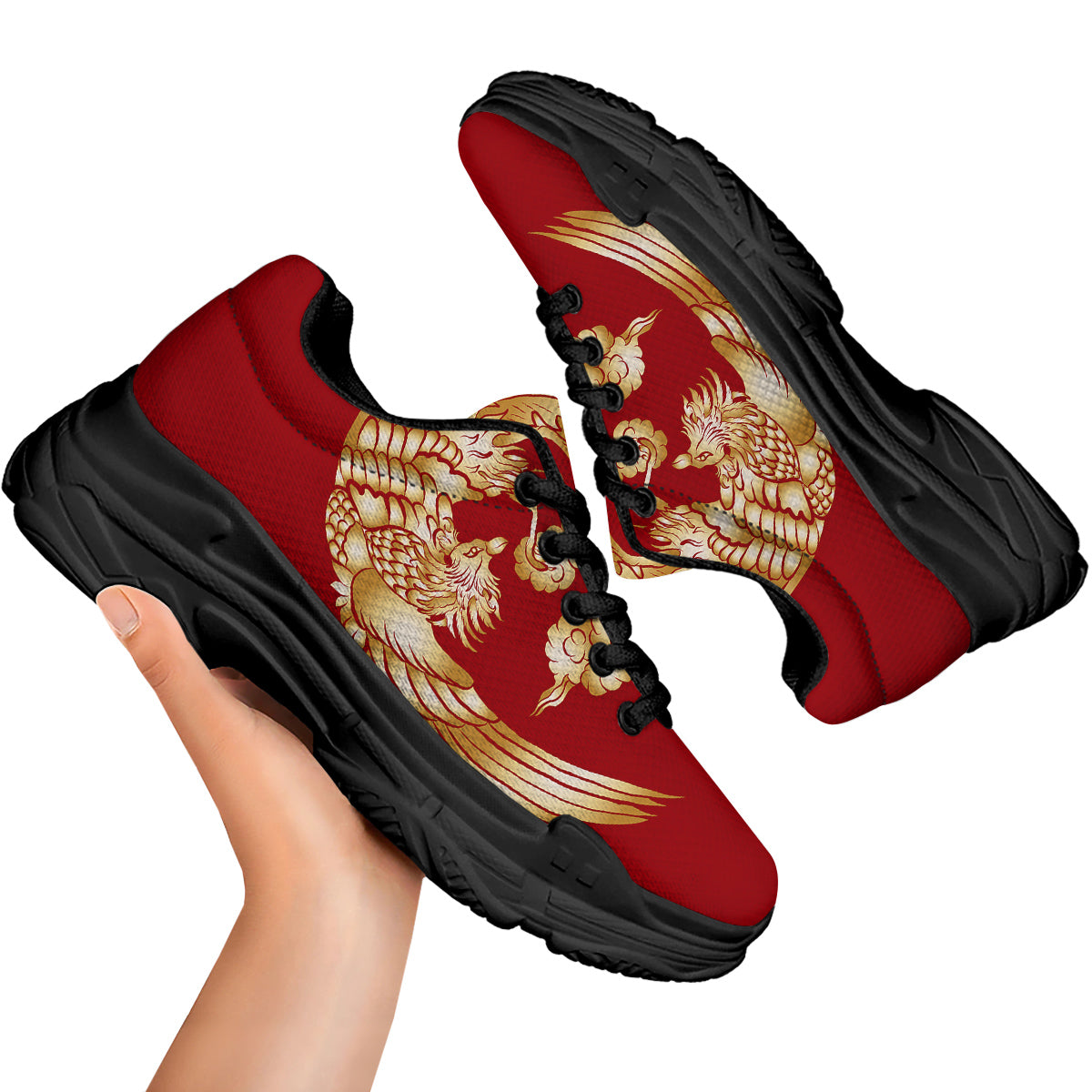Phoenix Chinese Print Black Chunky Shoes-grizzshop