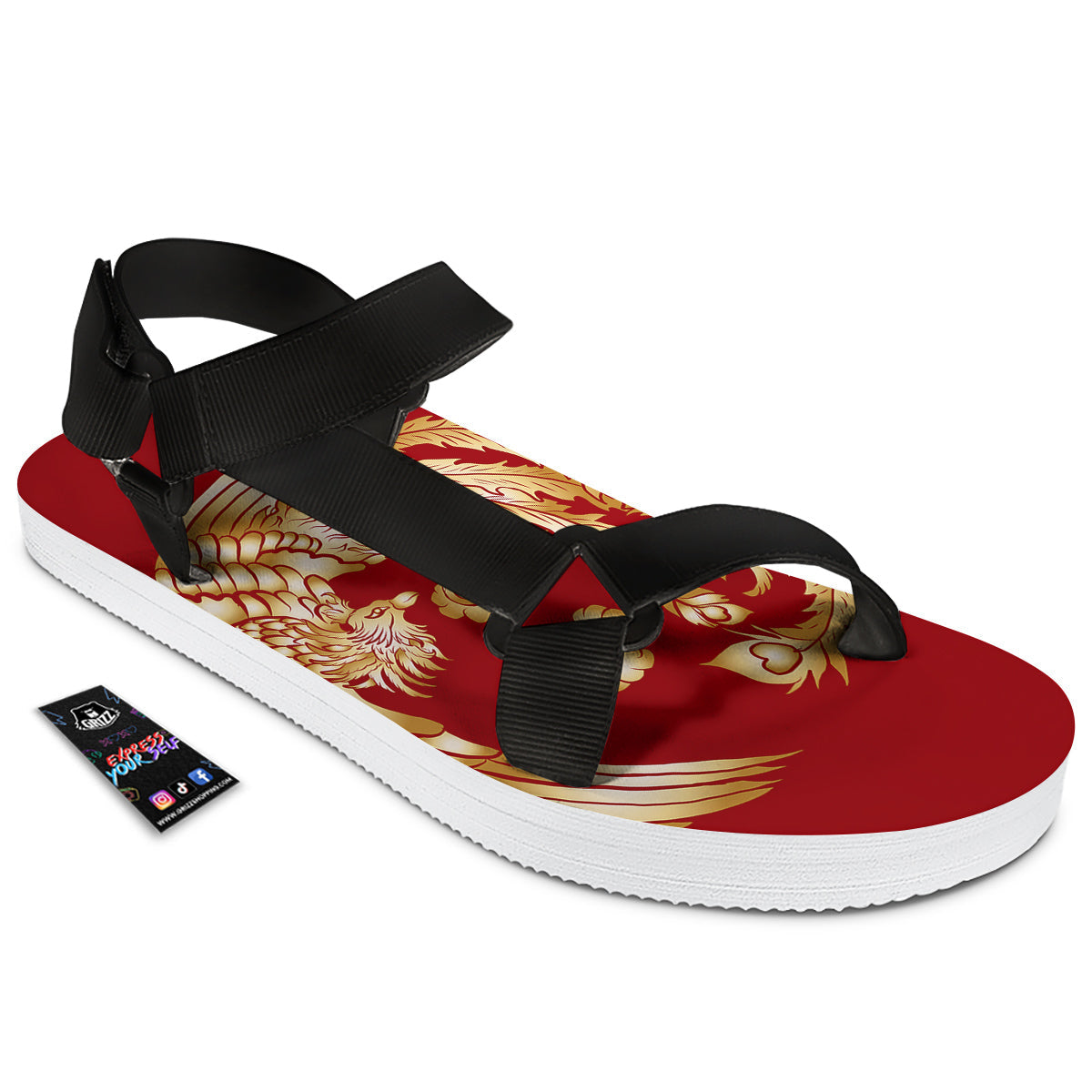 Phoenix Chinese Print Black Open Toe Sandals-grizzshop