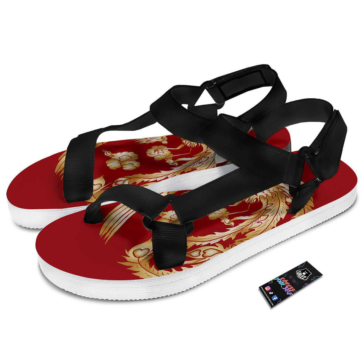 Phoenix Chinese Print Black Open Toe Sandals-grizzshop