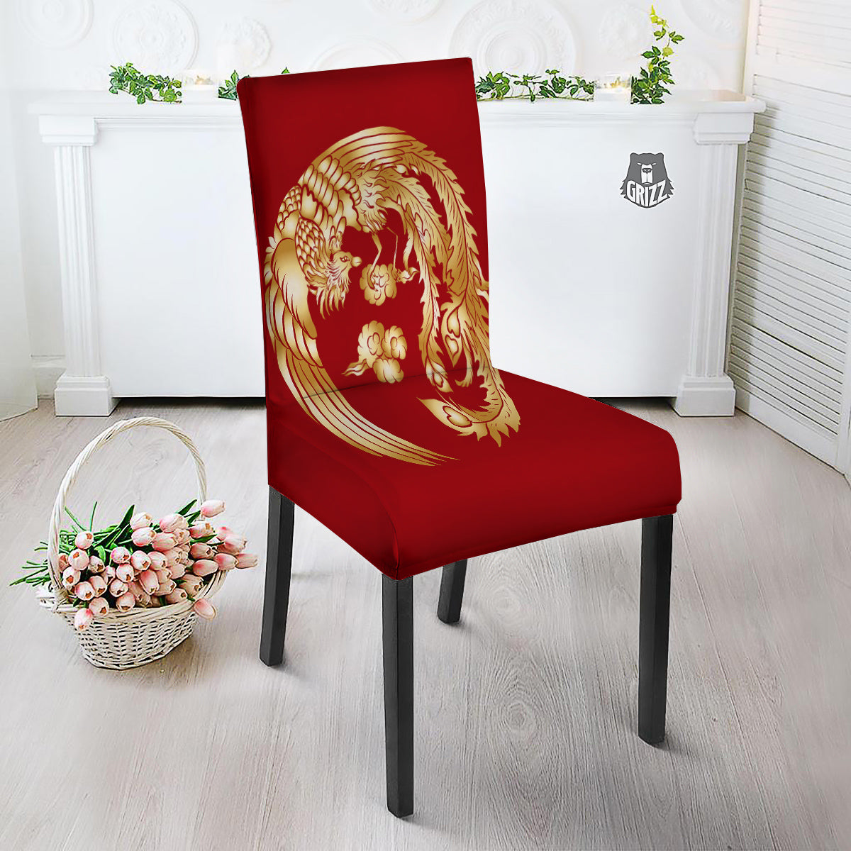 Phoenix Chinese Print Dining Chair Slipcover-grizzshop