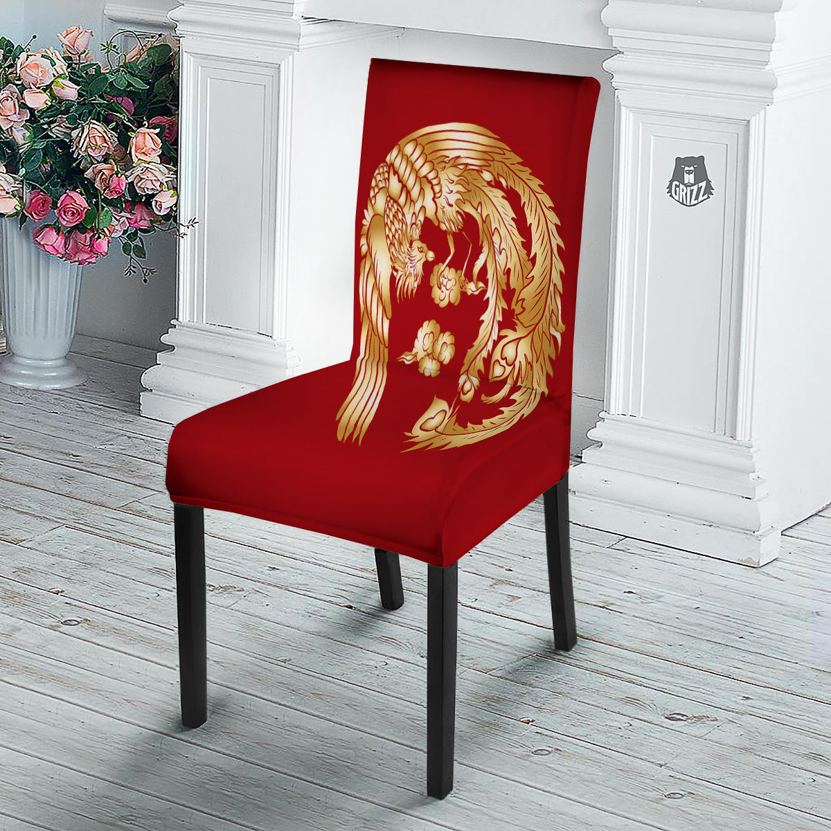 Phoenix Chinese Print Dining Chair Slipcover-grizzshop