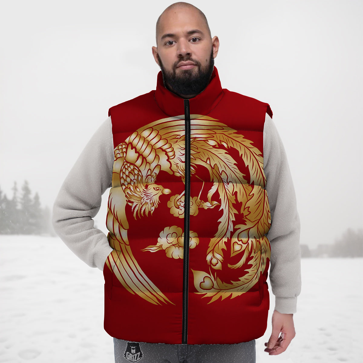 Phoenix Chinese Print Down Vest