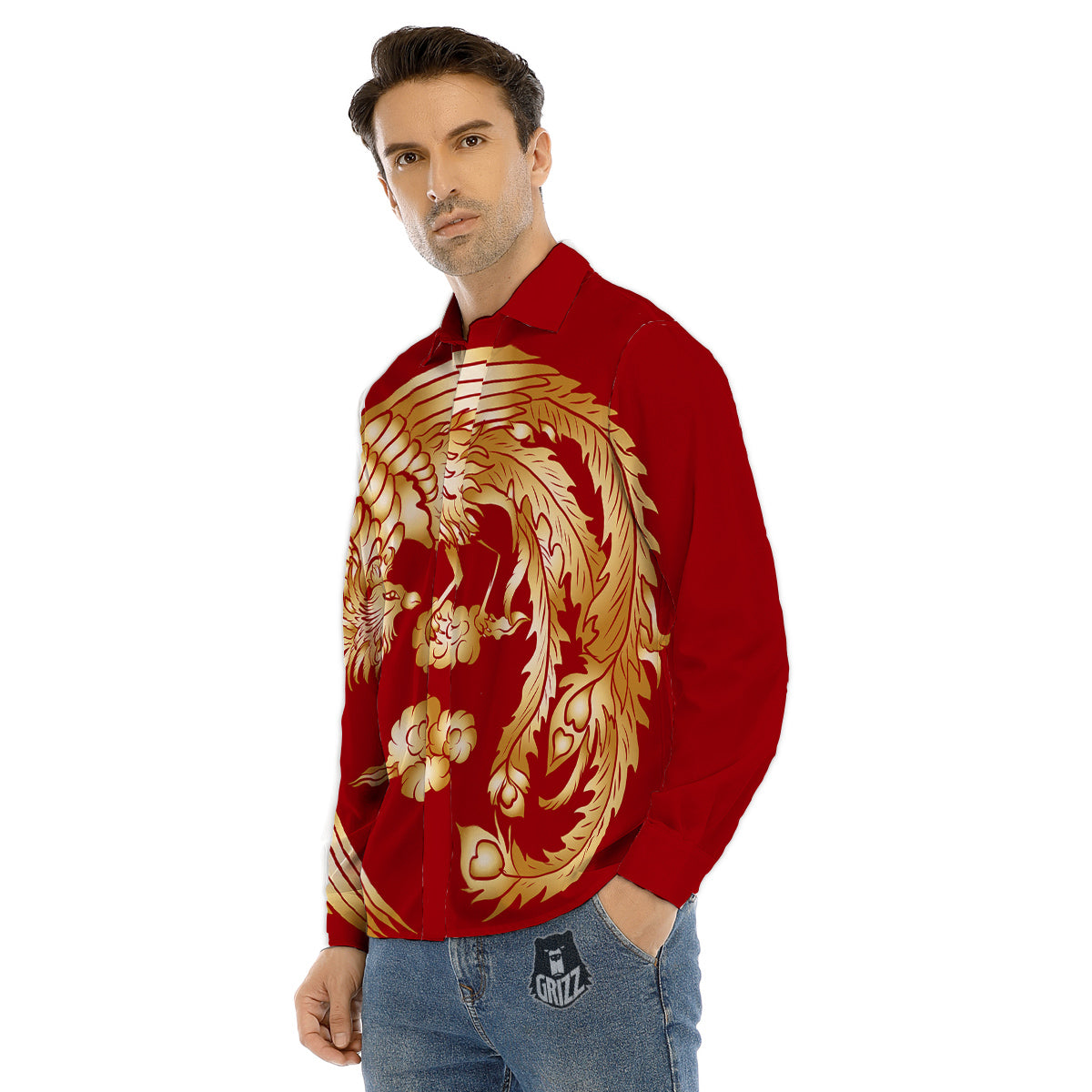 Phoenix Chinese Print Men's Dress Shirts-grizzshop
