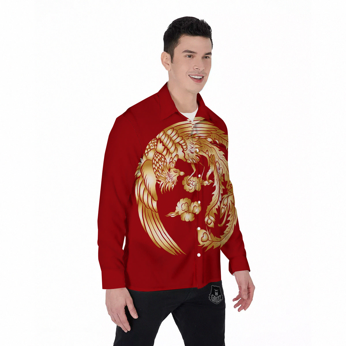 Phoenix Chinese Print Men's Long Sleeve Shirts-grizzshop