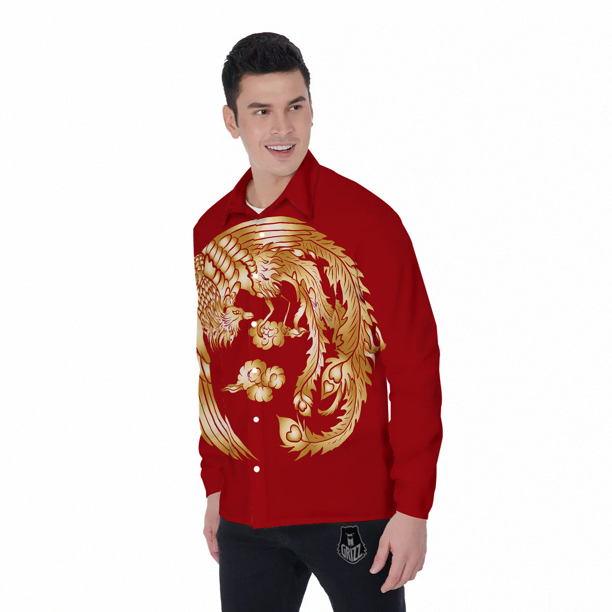 Phoenix Chinese Print Men's Long Sleeve Shirts-grizzshop