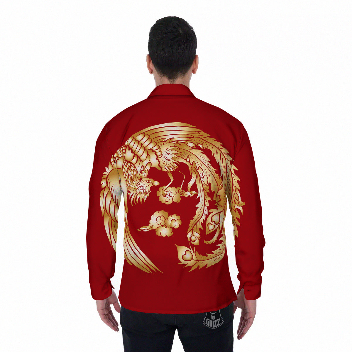 Phoenix Chinese Print Men's Long Sleeve Shirts-grizzshop