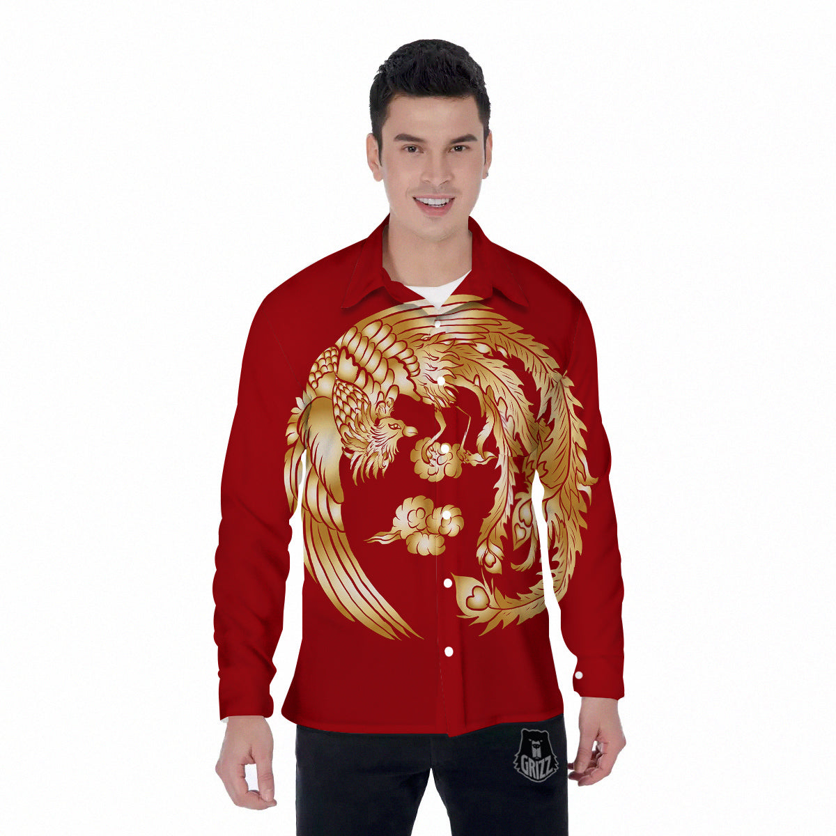Phoenix Chinese Print Men's Long Sleeve Shirts-grizzshop