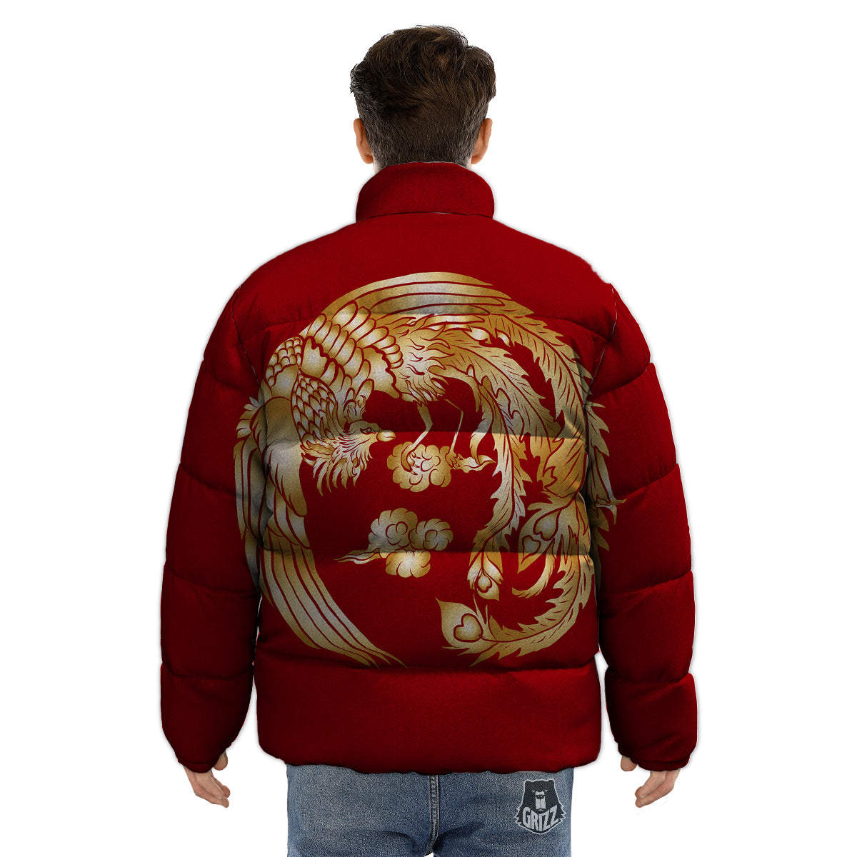 Phoenix Chinese Print Puffer Jacket-grizzshop