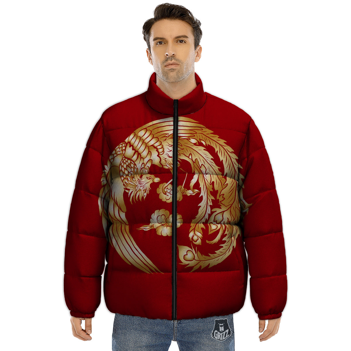 Phoenix Chinese Print Puffer Jacket-grizzshop
