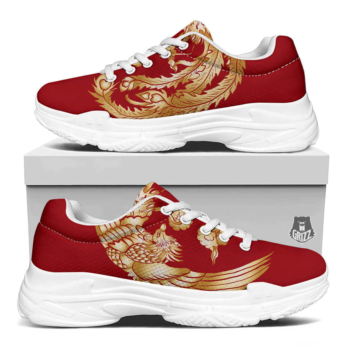 Phoenix Chinese Print White Chunky Shoes-grizzshop