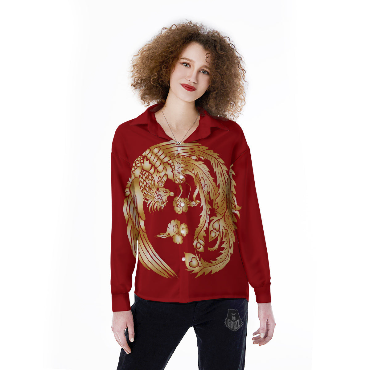 Phoenix Chinese Print Women's Long Sleeve Shirts-grizzshop