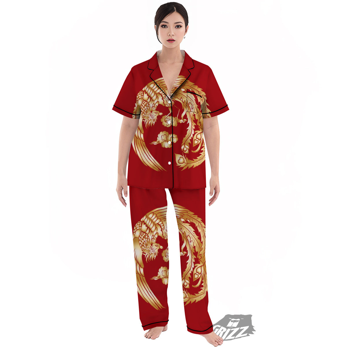 Phoenix Chinese Print Women's Pajamas Set-grizzshop