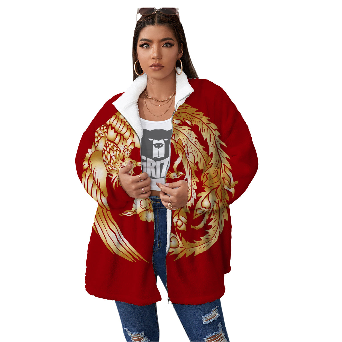 Phoenix Chinese Print Women's Sherpa Jacket-grizzshop