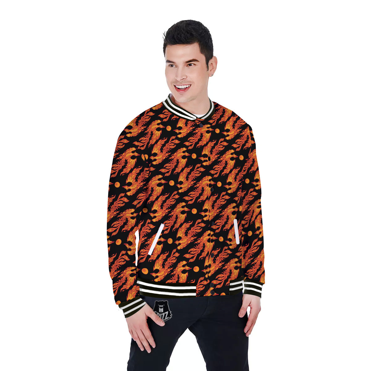 Phoenix Fire On Black Print Pattern Baseball Jacket-grizzshop