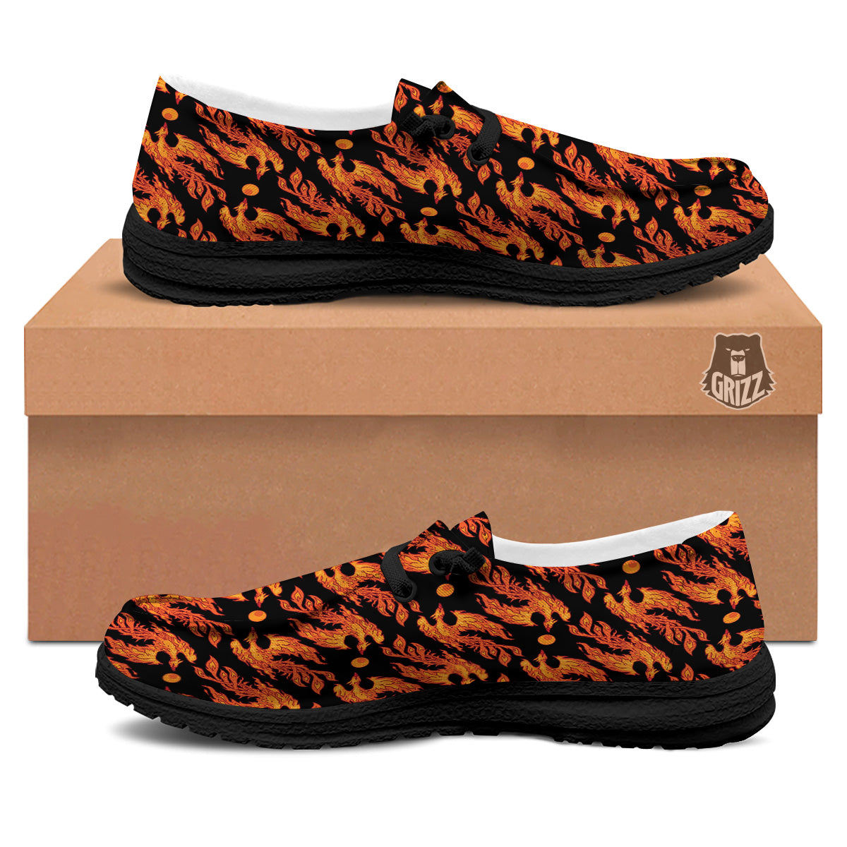 Phoenix Fire On Black Print Pattern Black Loafers-grizzshop