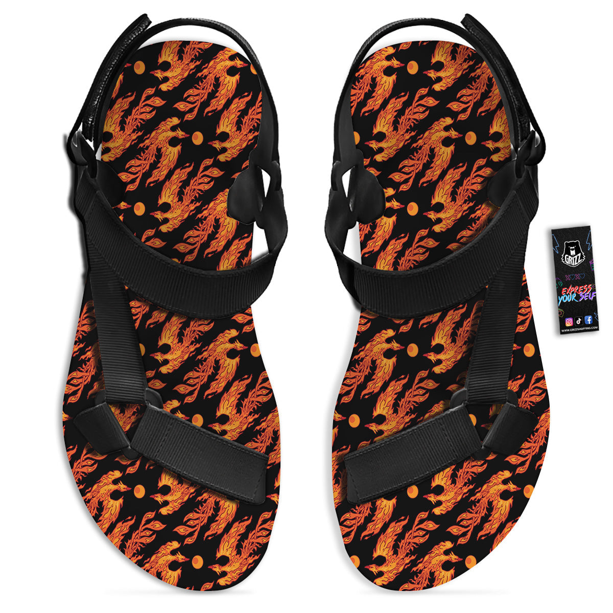 Phoenix Fire On Black Print Pattern Black Open Toe Sandals-grizzshop