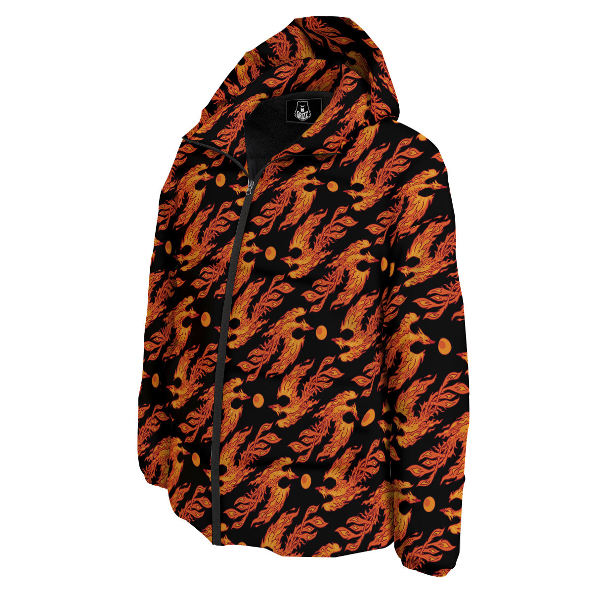 Phoenix Fire On Black Print Pattern Down Jacket-grizzshop