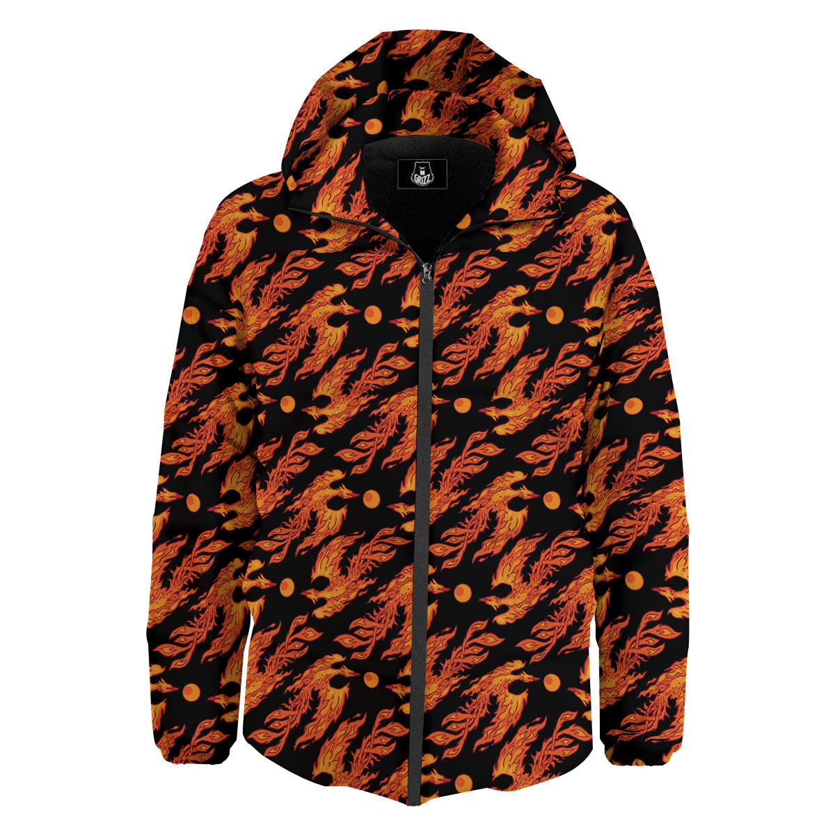 Phoenix Fire On Black Print Pattern Down Jacket-grizzshop