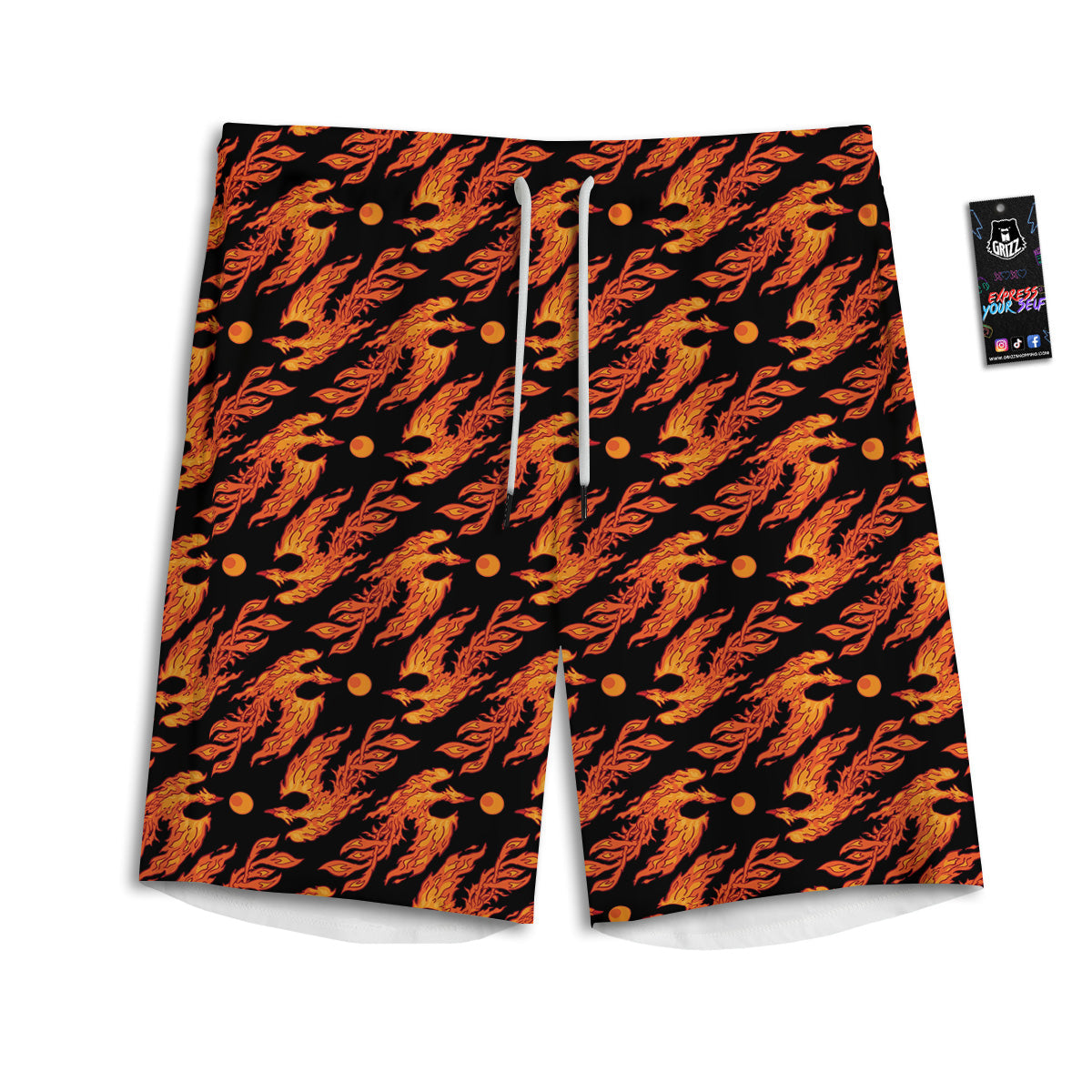 Phoenix Fire On Black Print Pattern Men's Athletic Shorts