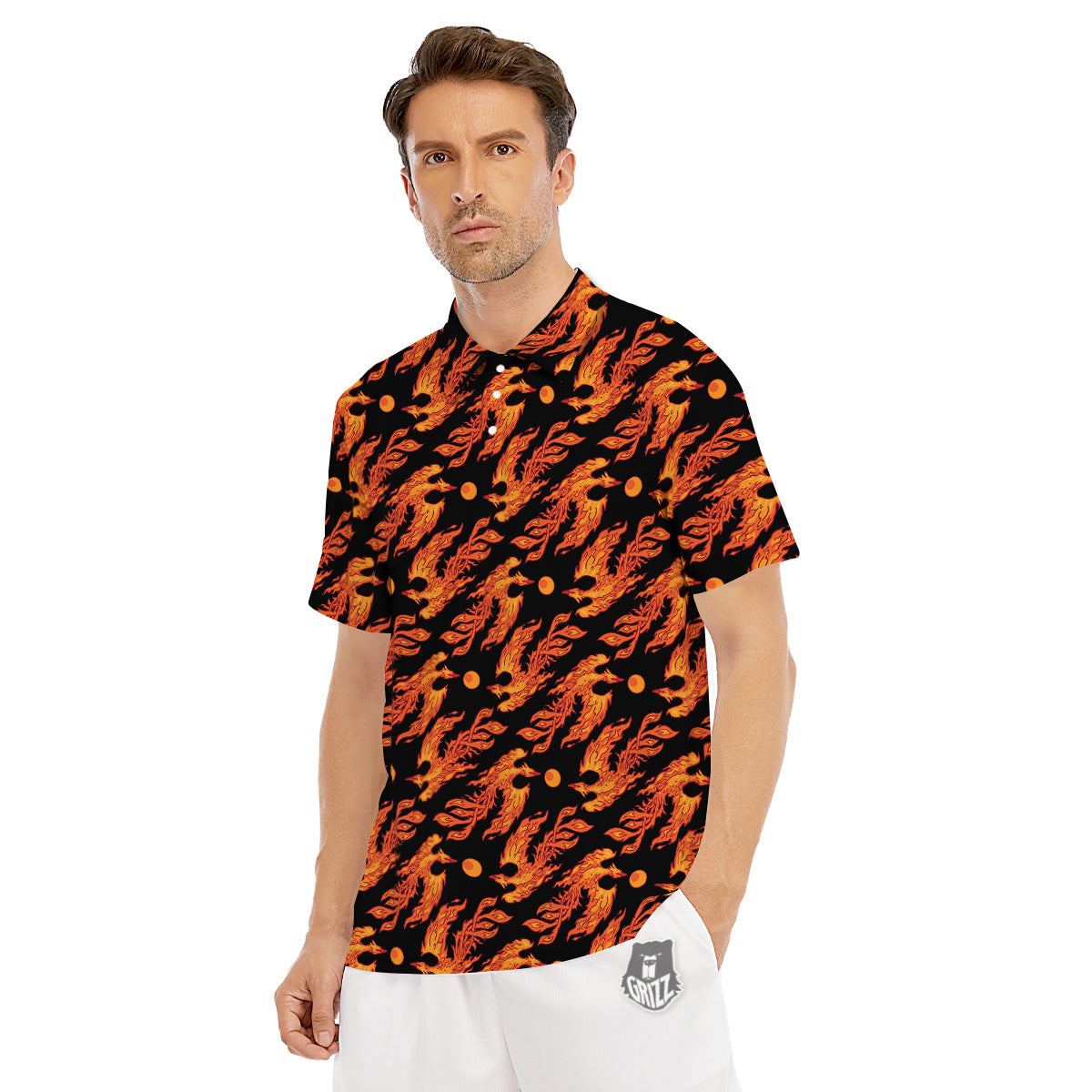 Phoenix Fire On Black Print Pattern Men's Golf Shirts-grizzshop