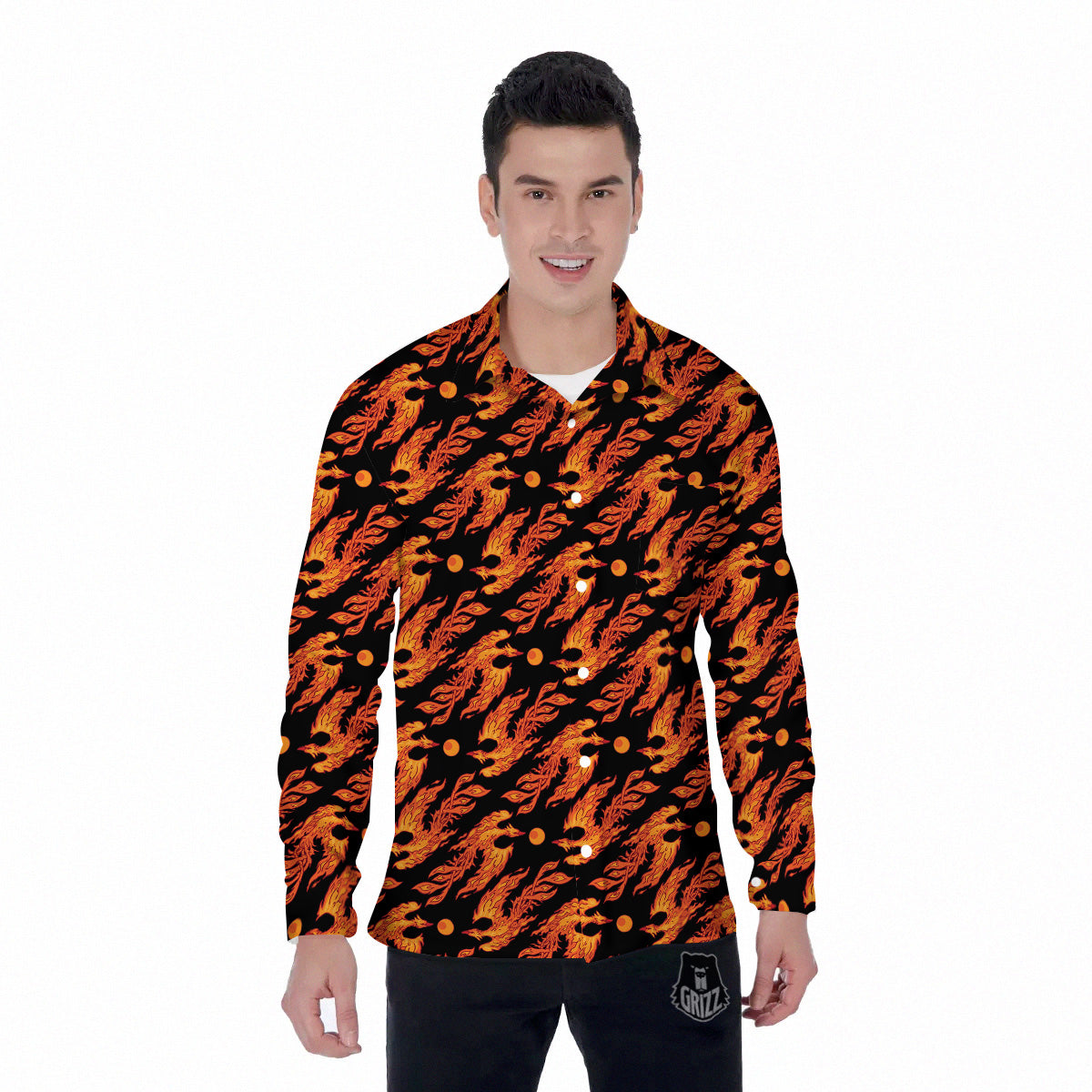 Phoenix Fire On Black Print Pattern Men's Long Sleeve Shirts-grizzshop