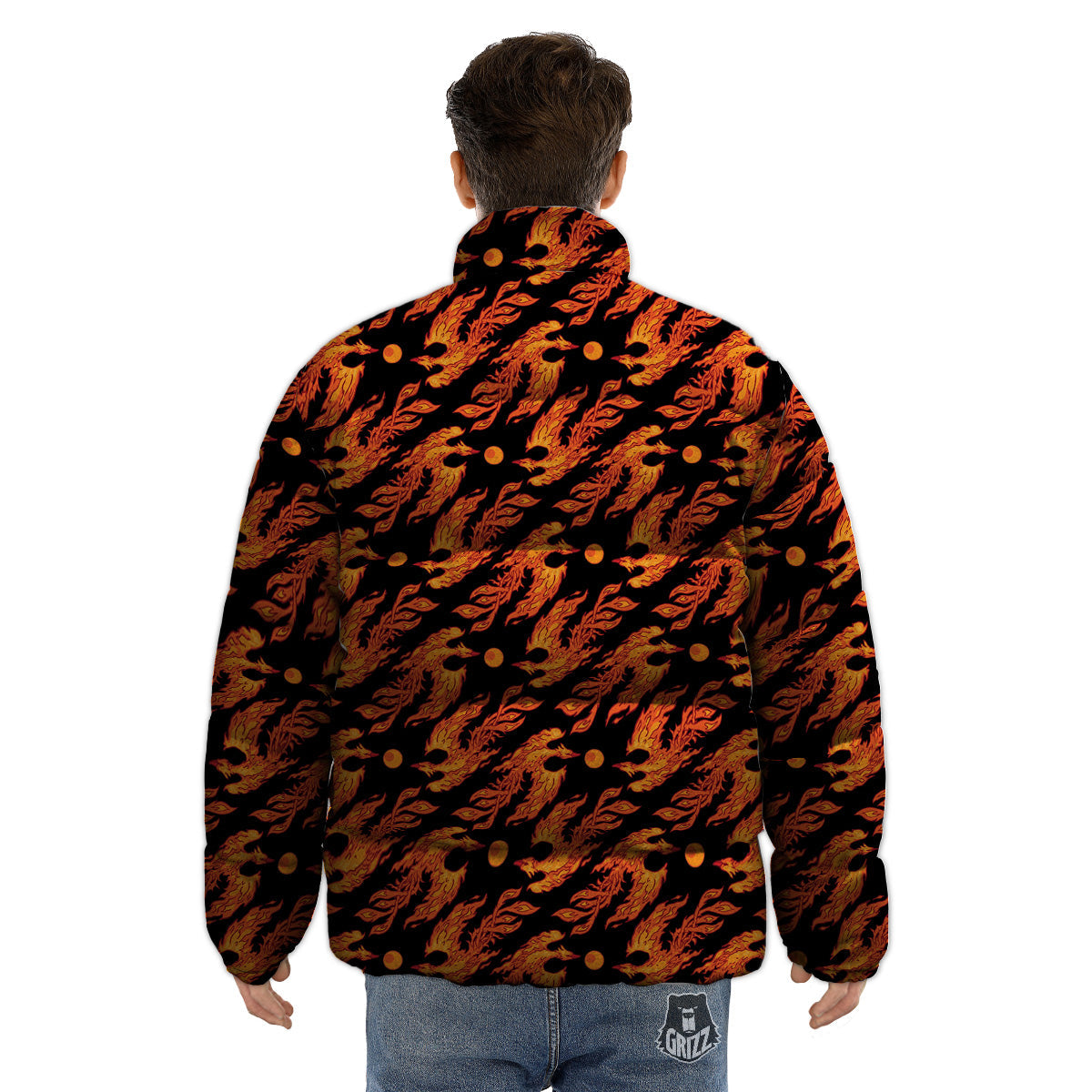 Phoenix Fire On Black Print Pattern Puffer Jacket-grizzshop