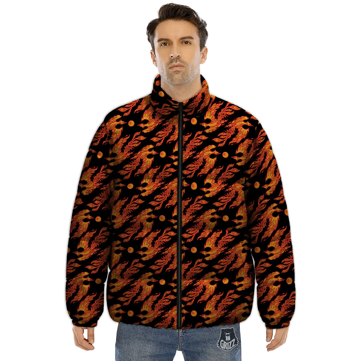 Phoenix Fire On Black Print Pattern Puffer Jacket-grizzshop